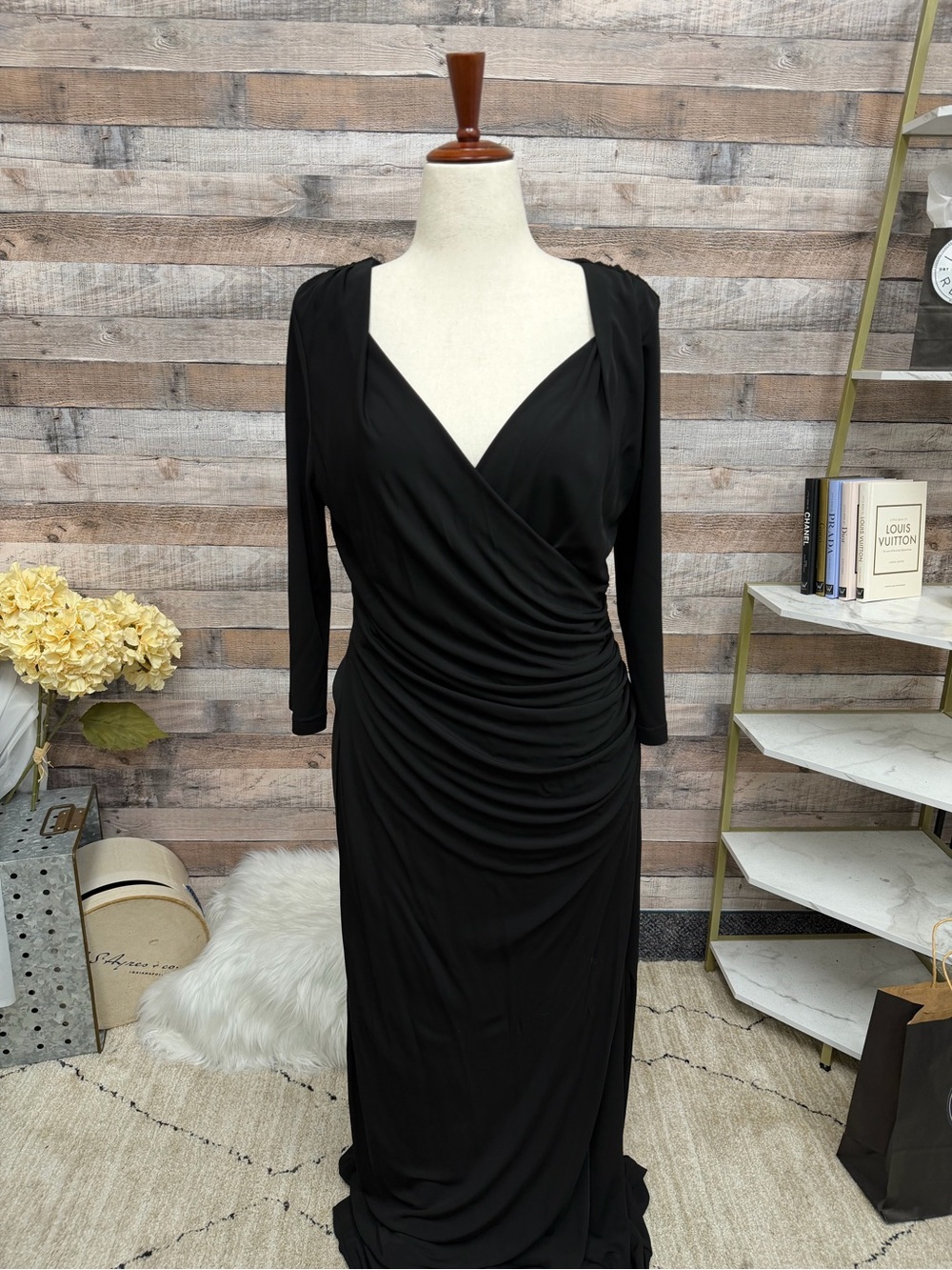 L.K. Bennett black draped cowl neck dress 16